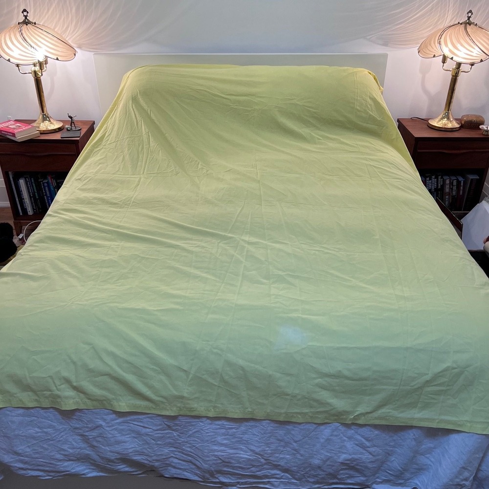 Vintage Full Flat Sheet Light Green Yellow Cotton Blend Bedding Home Decor